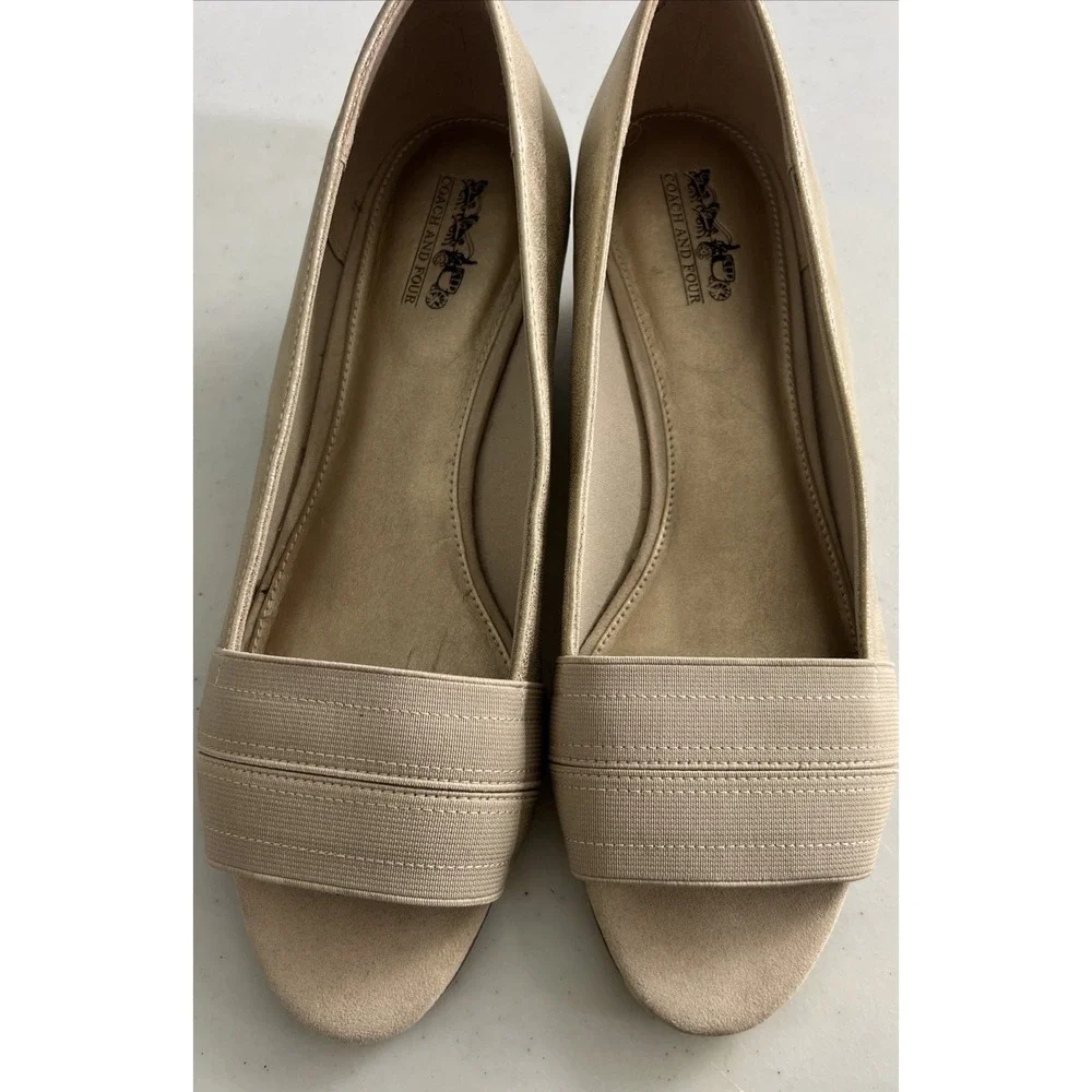 Coach and Four Louise Espadrille Wedge Beige‎ Canvas Peep Toe Shoe Womens Sz 10
